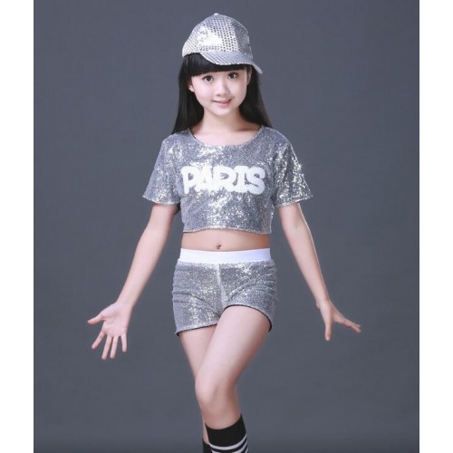 Silver red royal blue paillette Children Sequin Jazz Hiphop show cheer leading Dance Modern Dance Costume  stage show outfits